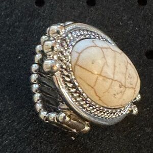 Beaded Silver Statement Ring with Cream Howlite Stone